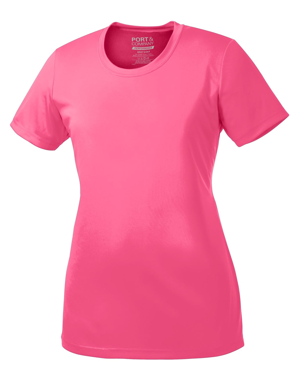 Front View of Neon Pink Port & Company Women's Performance Tee. LPC380