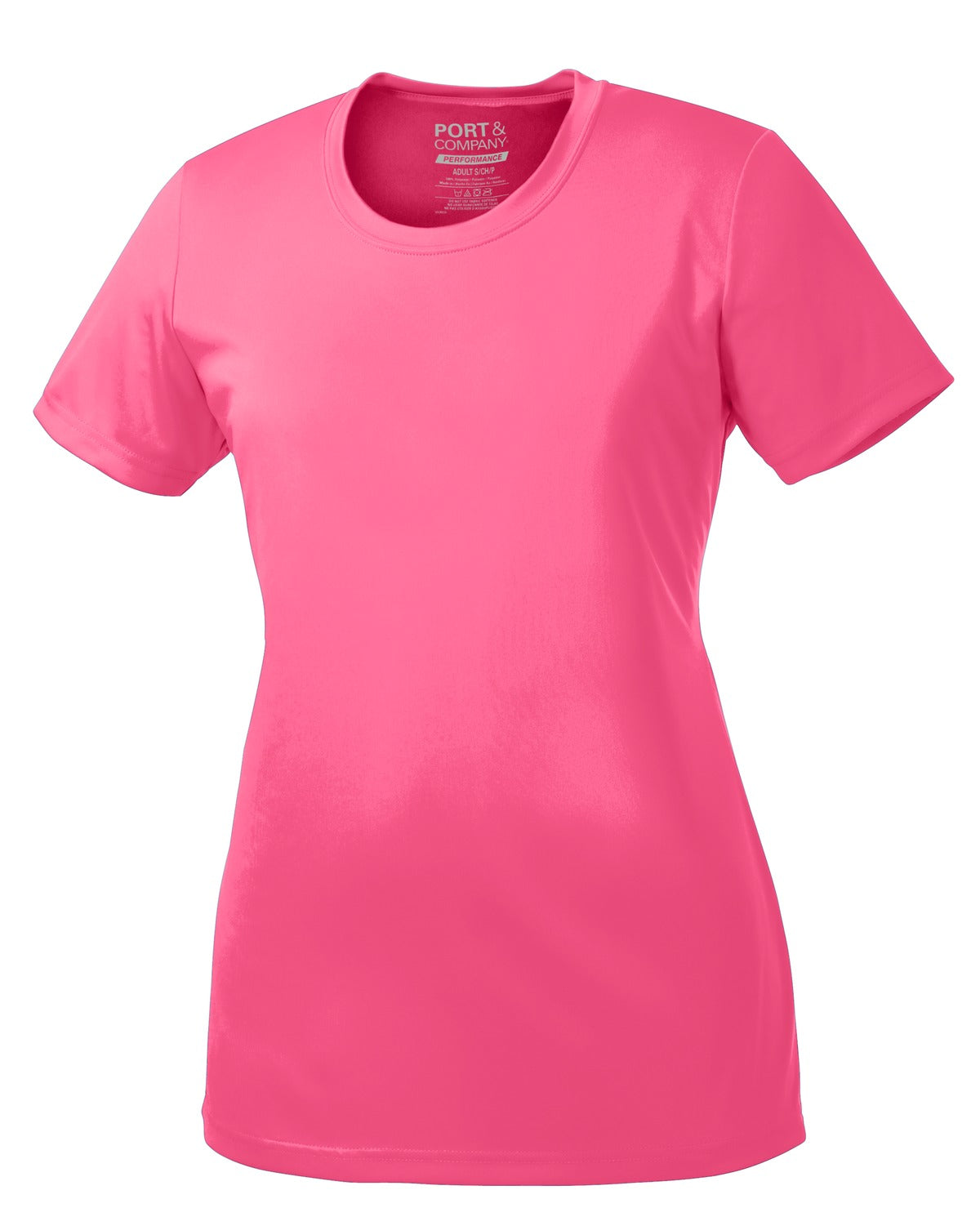 Front View of Neon Pink Port & Company Women's Performance Tee. LPC380