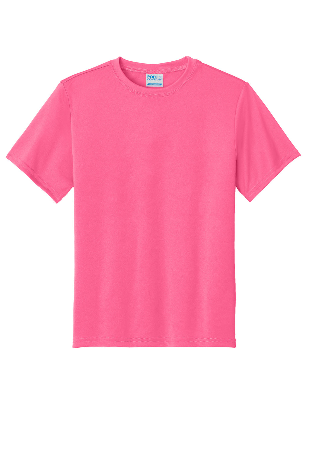 Front View of Neon Pink Port & Company Youth Performance Tee. PC380Y
