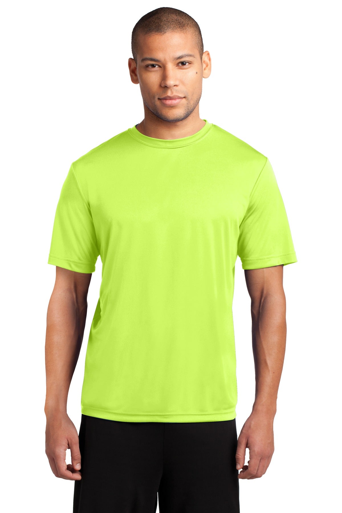 Front View of Neon Yellow Port & Company Performance Tee. PC380