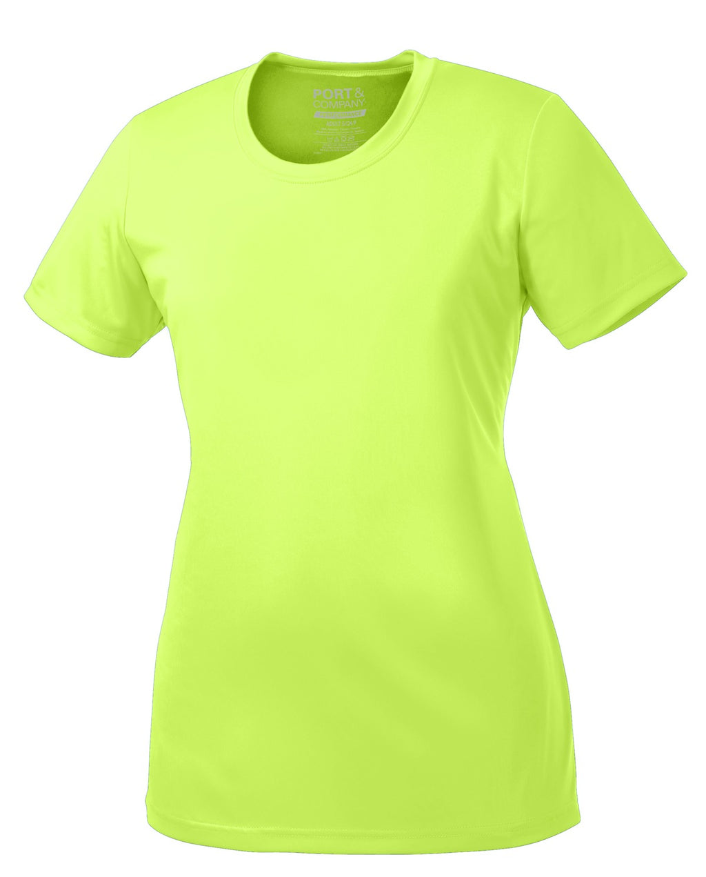 Front View of Neon Yellow Port & Company Women's Performance Tee. LPC380