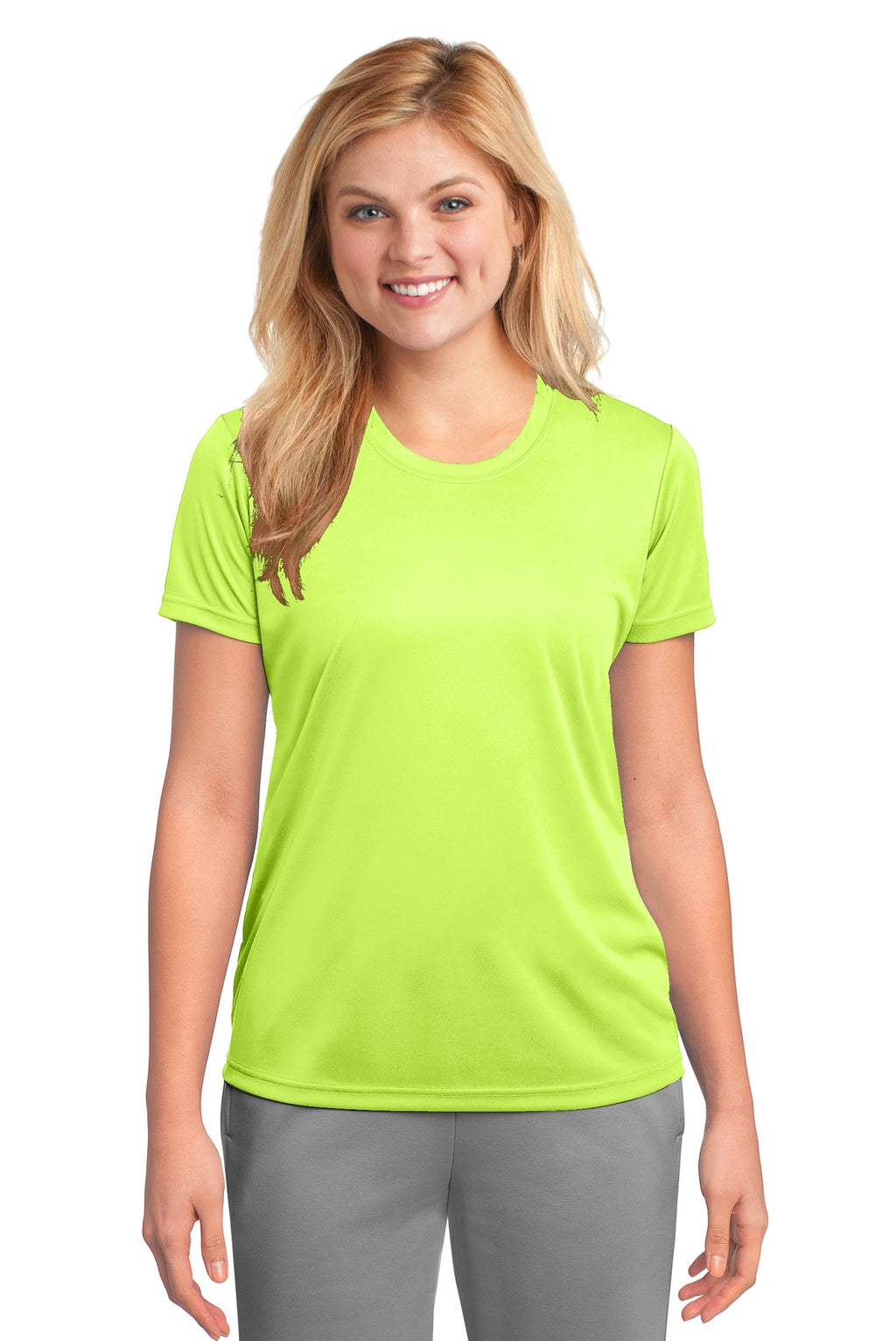 Front View of Neon Yellow Port & Company Women's Performance Tee. LPC380