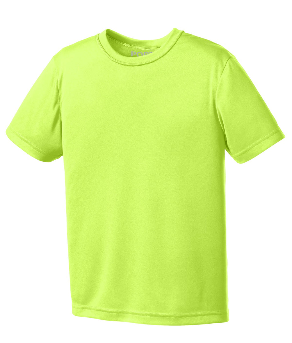 Front View of Neon Yellow Port & Company Youth Performance Tee. PC380Y
