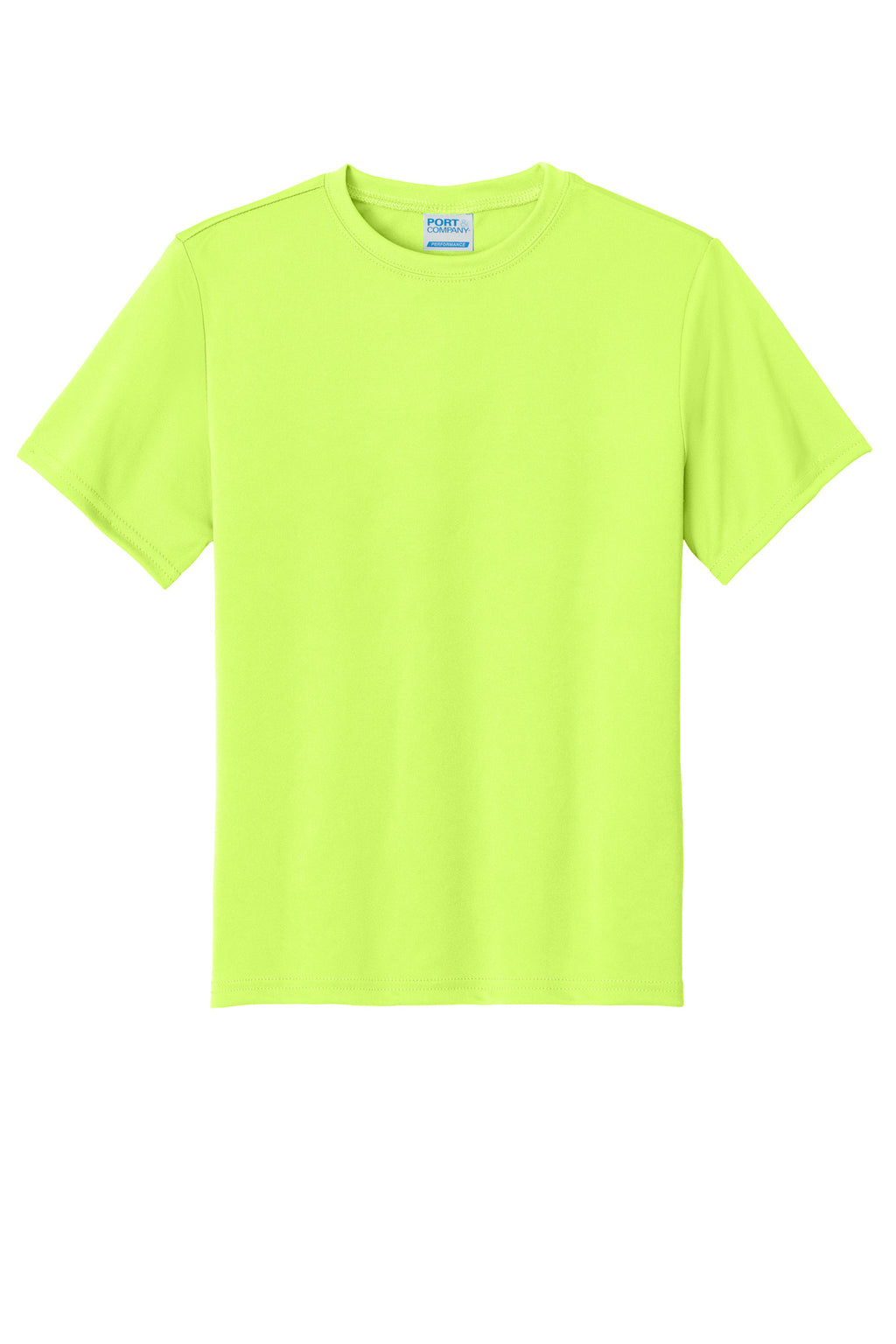 Front View of Neon Yellow Port & Company Youth Performance Tee. PC380Y