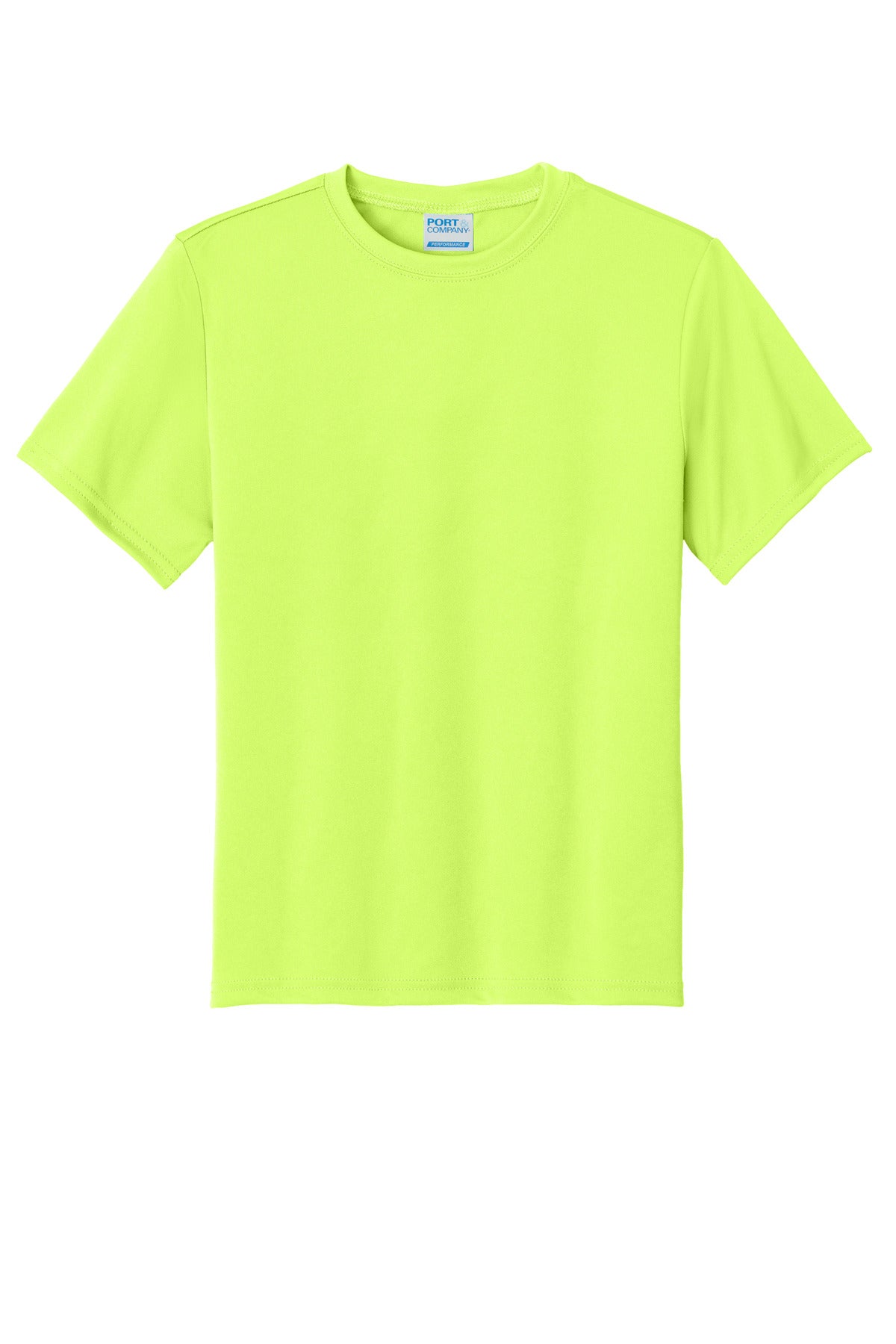 Front View of Neon Yellow Port & Company Youth Performance Tee. PC380Y