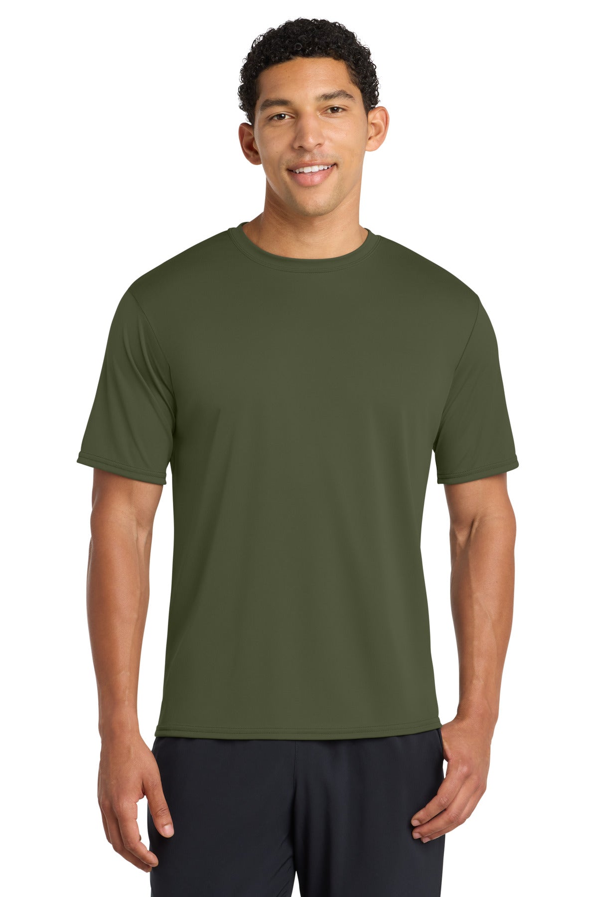Front View of OlvDrabGn Port & Company Performance Tee. PC380