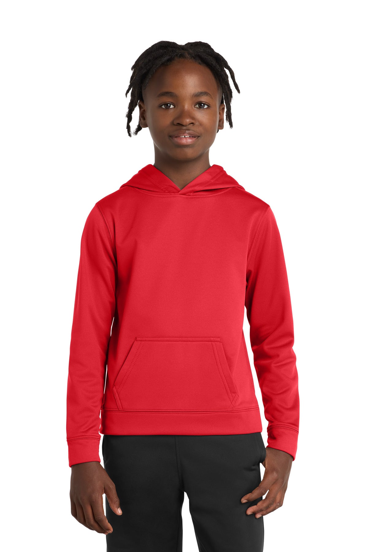 Front View of Red Port & Company Youth Performance Fleece Pullover Hooded Sweatshirt. PC590YH