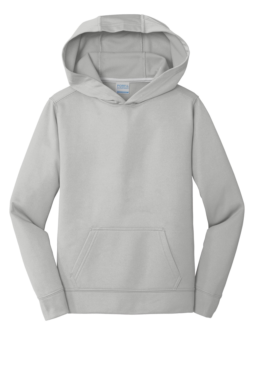 Front View of Silver Port & Company Youth Performance Fleece Pullover Hooded Sweatshirt. PC590YH