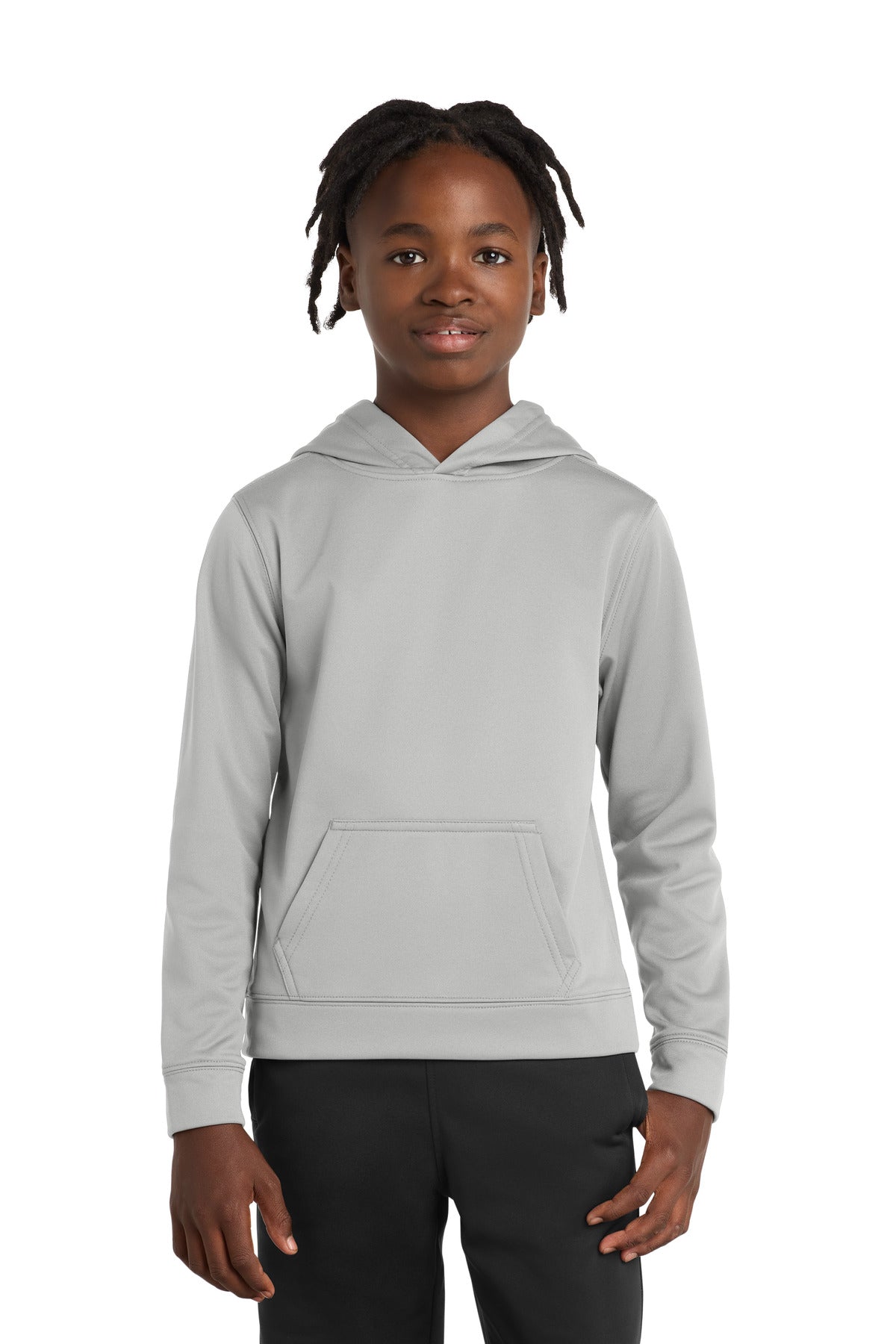 Front View of Silver Port & Company Youth Performance Fleece Pullover Hooded Sweatshirt. PC590YH