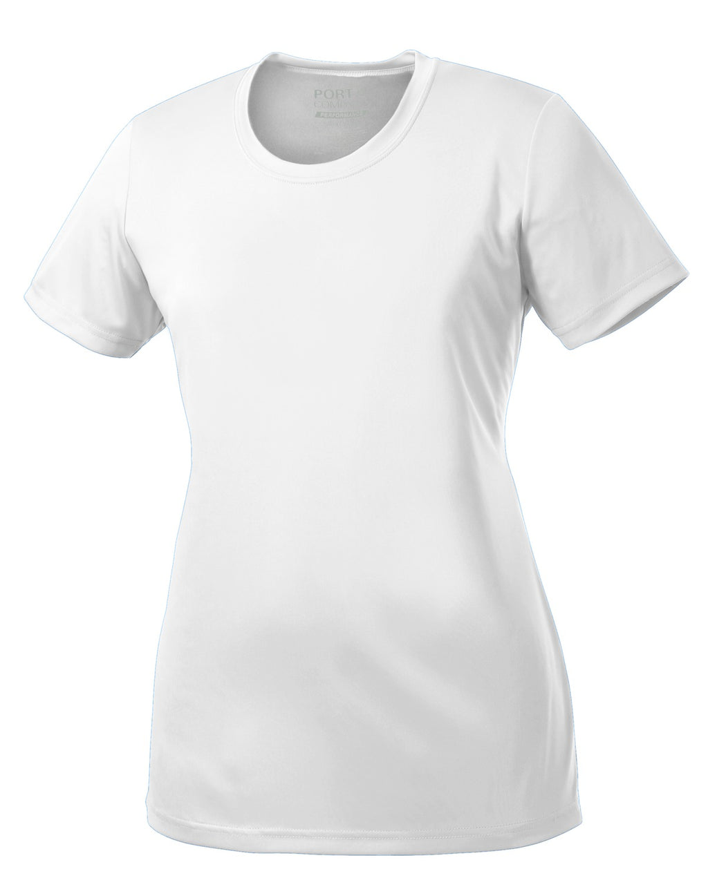 Front View of White Port & Company Women's Performance Tee. LPC380