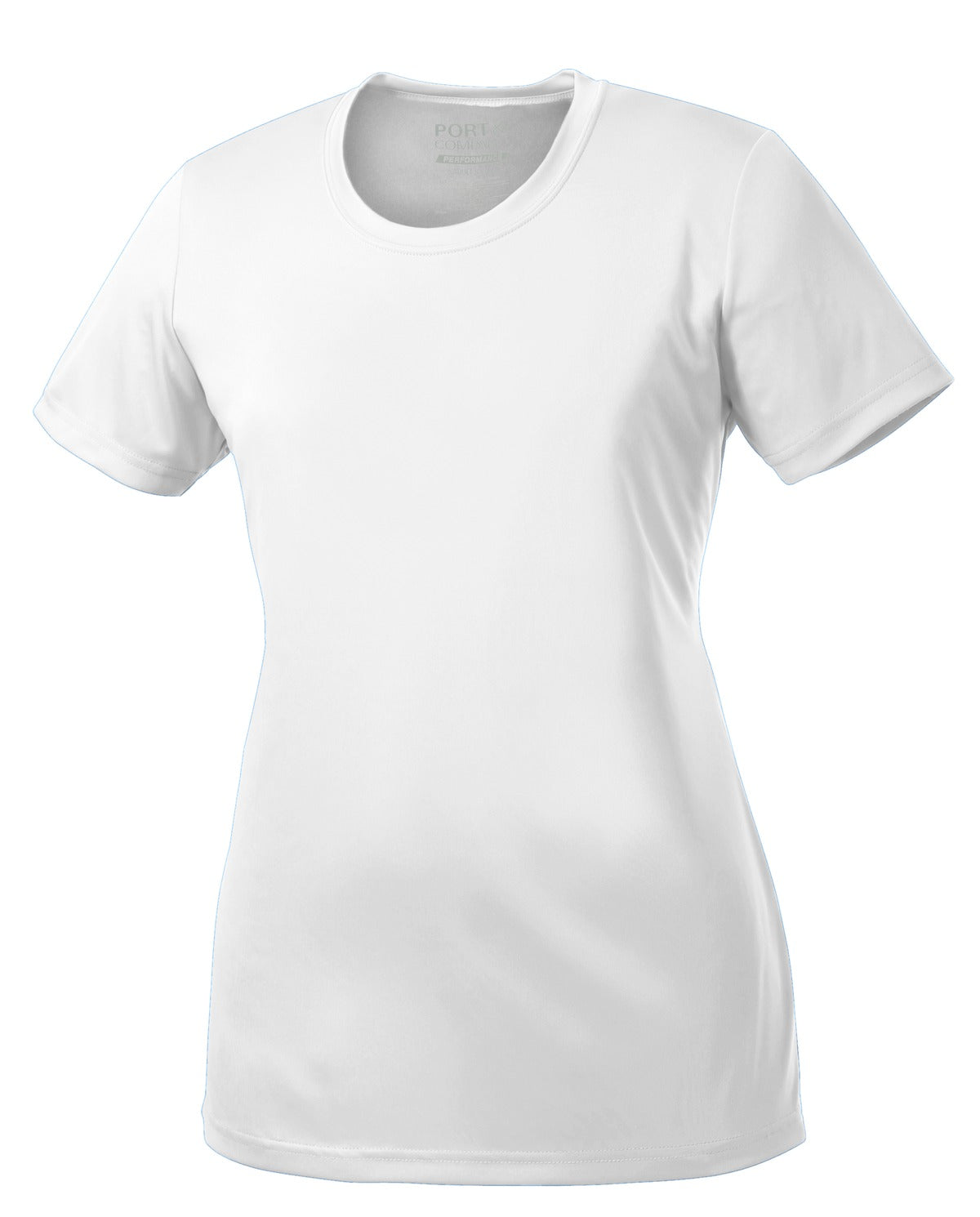 Front View of White Port & Company Women's Performance Tee. LPC380