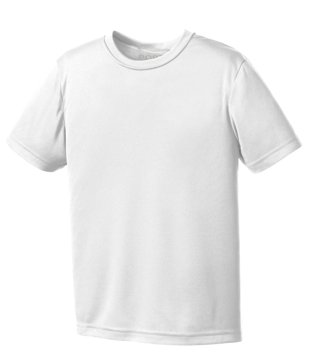 Front View of White Port & Company Youth Performance Tee. PC380Y
