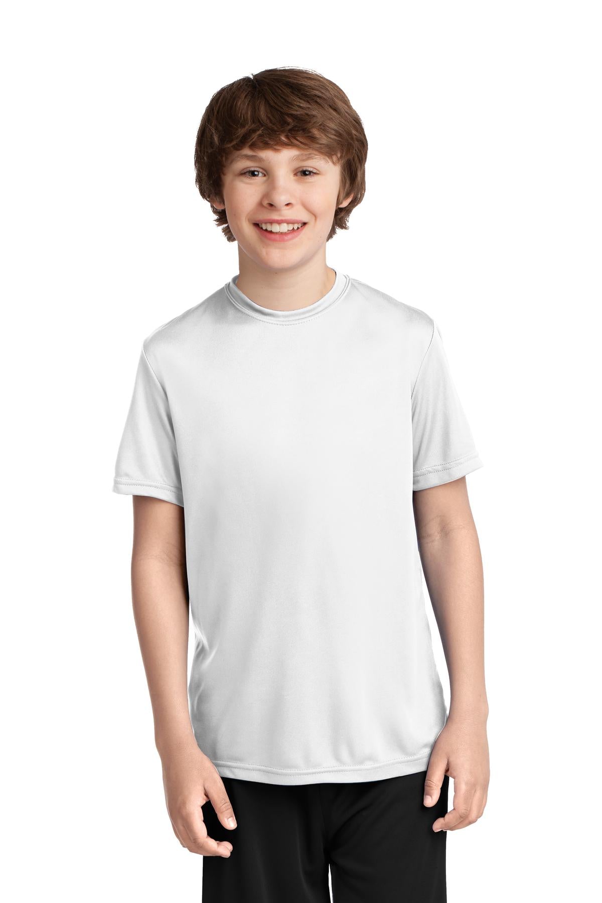 Front View of White Port & Company Youth Performance Tee. PC380Y