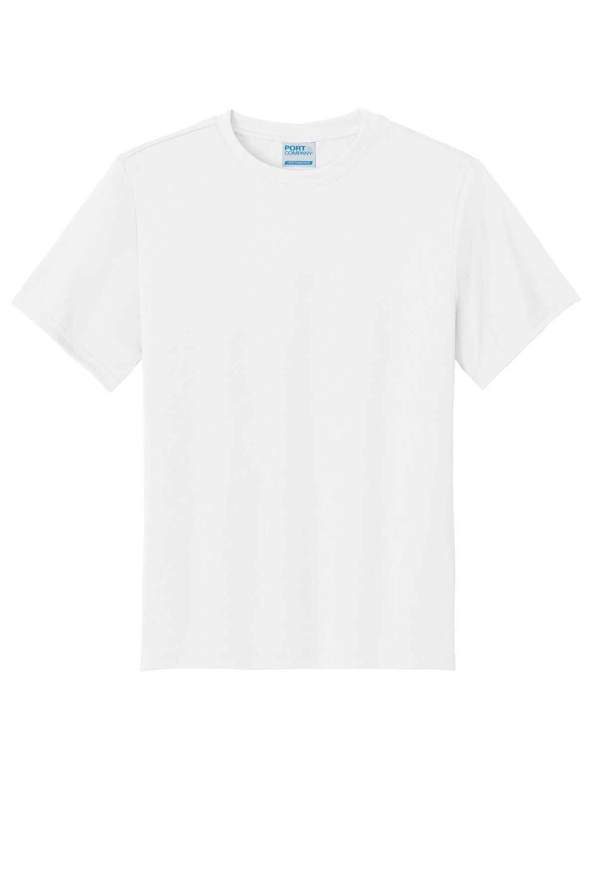 Front View of White Port & Company Youth Performance Tee. PC380Y
