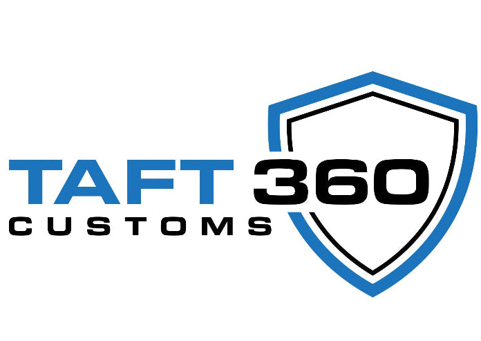 Logo of TAFT Customs 360 with a blue and black design on a white background