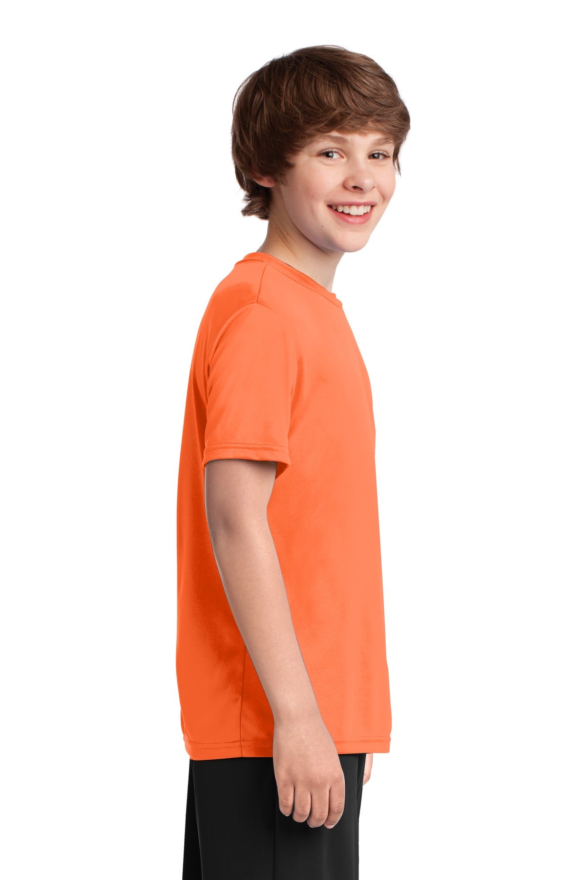 Neon Orange Port & Company Youth Performance Tee. PC380Y