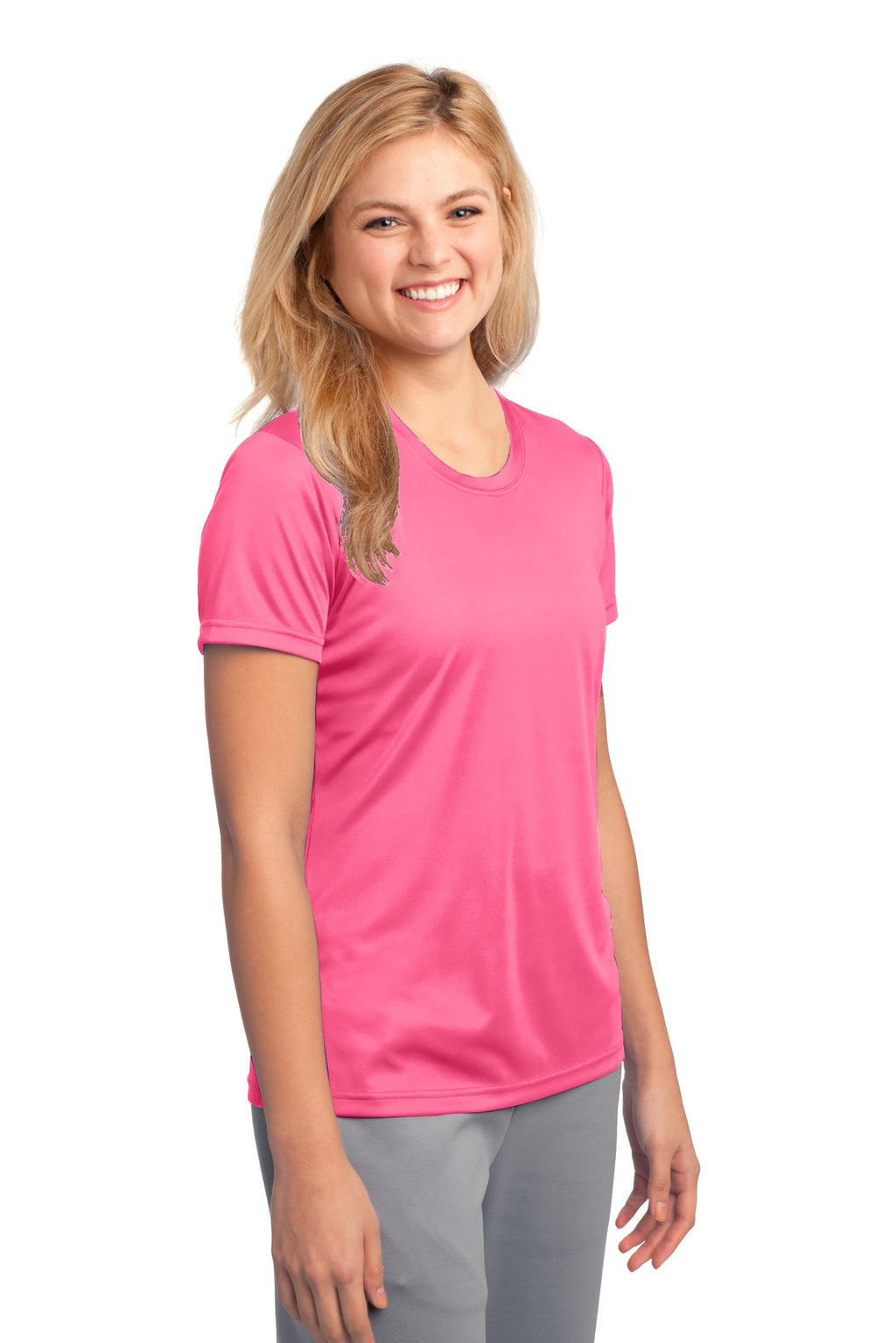 Neon Pink Port & Company Women's Performance Tee. LPC380