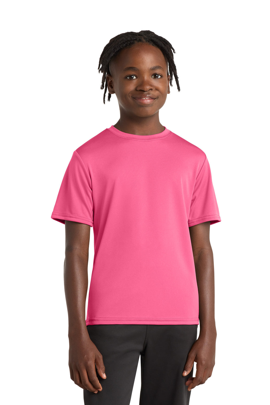 Neon Pink Port & Company Youth Performance Tee. PC380Y