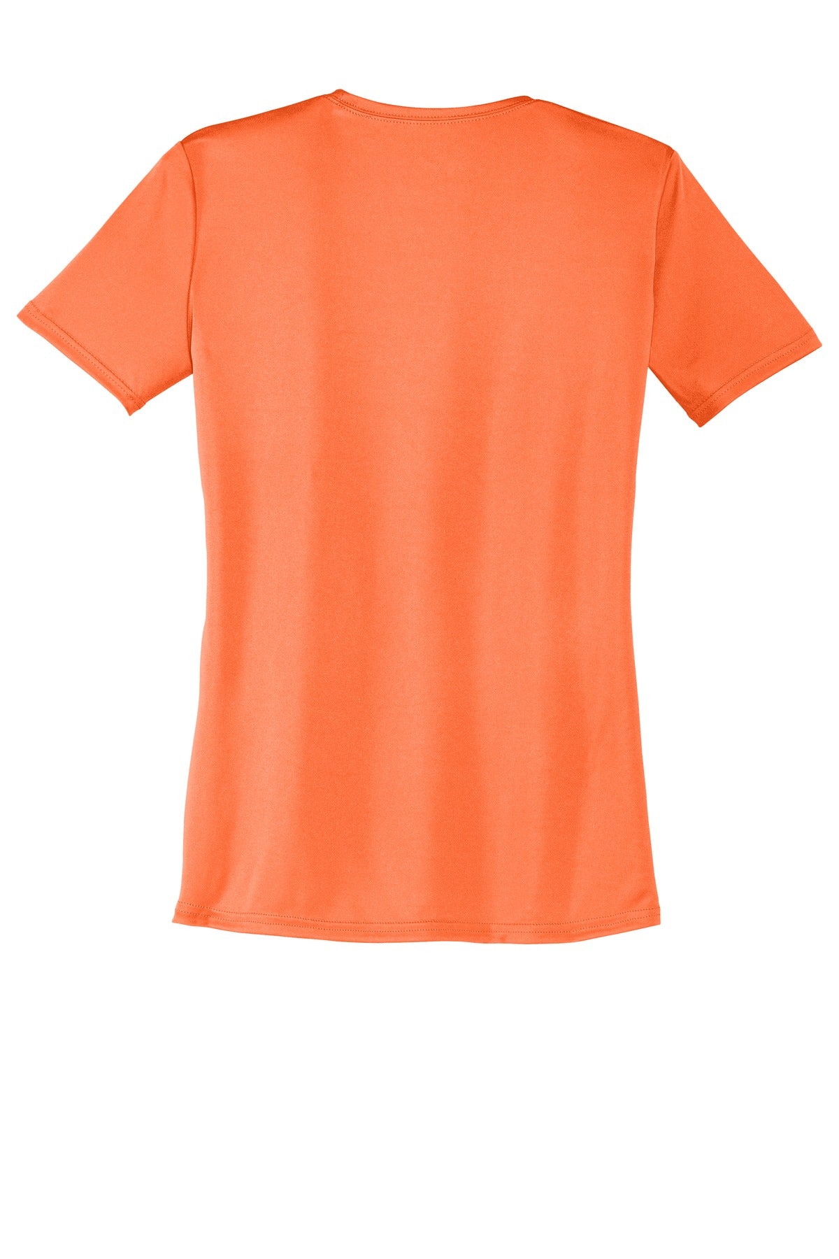 Rear View of Neon Orange Port & Company Women's Performance Tee. LPC380