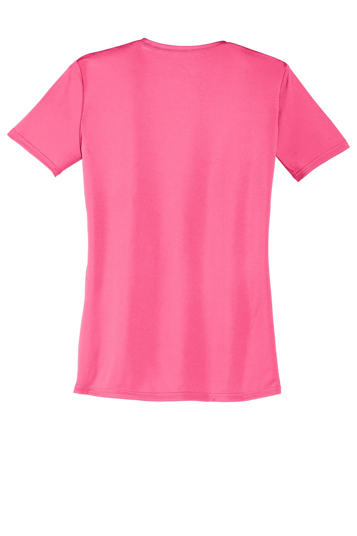 Rear View of Neon Pink Port & Company Women's Performance Tee. LPC380