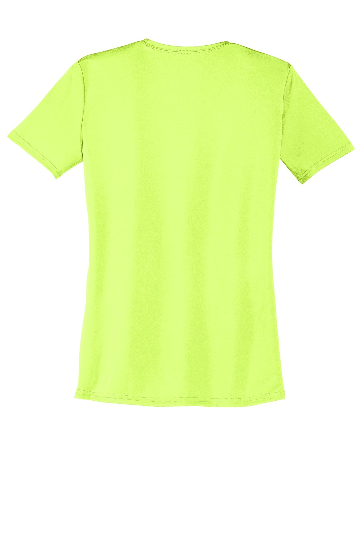 Rear View of Neon Yellow Port & Company Women's Performance Tee. LPC380