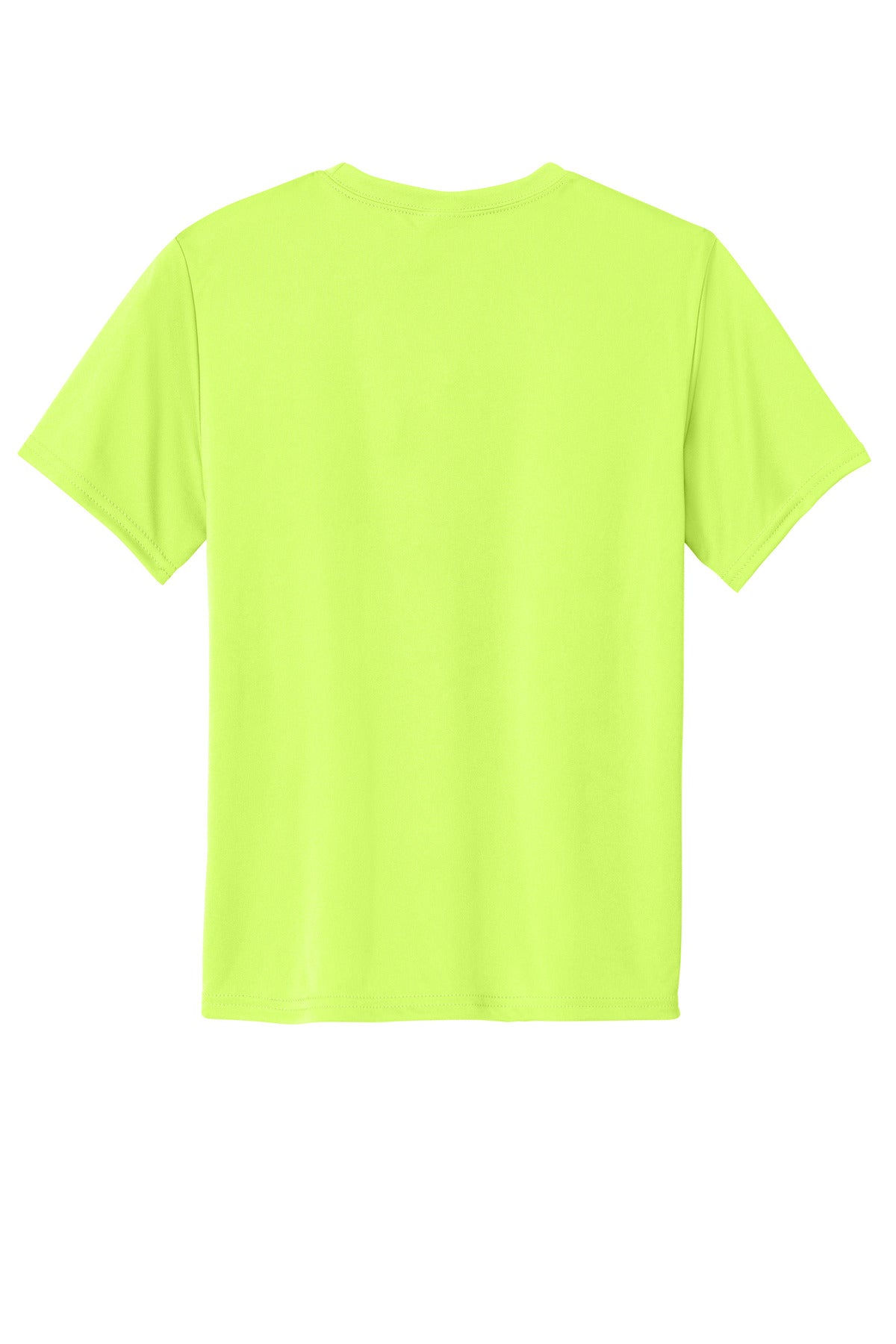 Rear View of Neon Yellow Port & Company Youth Performance Tee. PC380Y